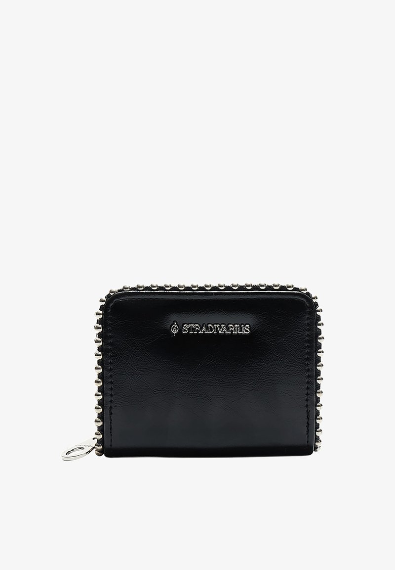 Black faux leather wallet with silver-tone studded zipper accent and embossed brand logo on the front. Compact rectangular shape.