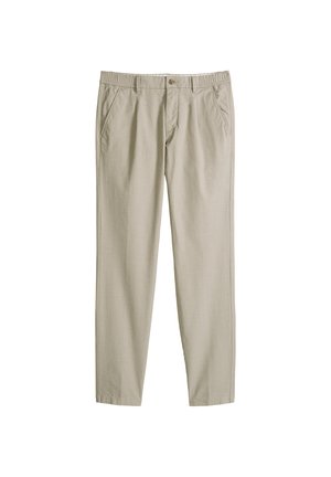 Pantalon décontracté beige avec bouton et fermeture éclair à l'avant, côtés de la ceinture élastique et poches avant en biais, présenté sur fond blanc.