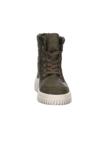 Olivengrønne høj-top sneakers med polstret design, brune snørebånd og hvid gummisål med udtalt dækmønster. Glat stof overfladetextur.
