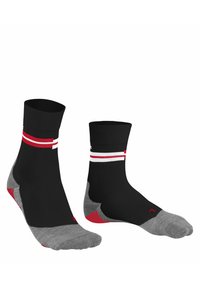 Czarne skarpetki z szarymi akcentami, o prążkowanej strukturze, średniej długości, z czerwonymi i białymi poziomymi paskami w pobliżu mankietu.