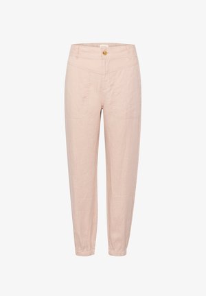 Svijetlo ružičaste hlače od mekog materijala, s kopčanjem na dugme, dva prednja džepa i sužene manžete na gležnjevima.