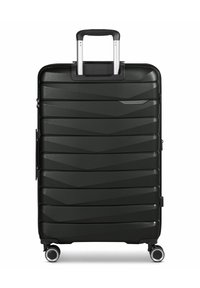 Valigia rigida nera con un motivo a zigzag testurizzato, manico retrattile e quattro ruote multidirezionali per una facile mobilità.