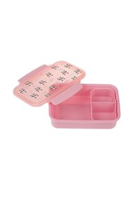Scatola per il pranzo in silicone rosa con un coperchio decorato da un motivo di panda, tre scomparti interni e una chiusura a scatto sicura.