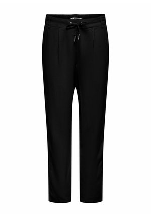 Pantalon noir fuselé avec taille à cordon, poches latérales et passants pour ceinture, conçu pour une coupe slim.