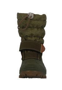 Zaļas izolētas zābaki ar teksturētu auduma augšdaļu, regulējamu auklu un Velcro siksnu. Izturīga gumijas zole ar saķeres detaļām.