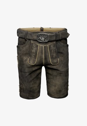 Hnědé kožené šortky s kontrastním žlutým prošíváním, předními záhyby a dekorativními květinovými vzory. Obsahují kovovou sponu s designem jelena.