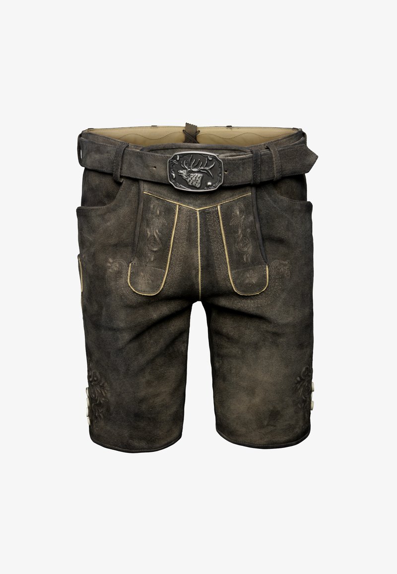 Pantaloni corti in pelle marrone con cuciture gialle a contrasto, pieghe frontali e motivi floreali decorativi. Presentano una fibbia in metallo con design di cervo.