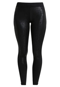 Leggings neri con un elegante motivo testurizzato e una finitura lucida. Vita alta e design aderente per comfort e flessibilità.