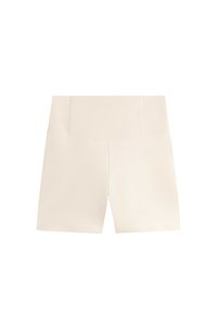 Beige shorts met een hoge, gestructureerde tailleband. Gemaakt van glad, lichtgewicht materiaal. Heeft een strakke snit zonder patronen of versieringen.