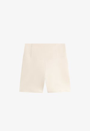 Bež hlače s visokim, strukturiranim pasom. Narejene so iz gladkega, lahkega blaga. Imajo čist in preprost dizajn brez vzorcev ali okrasnih elementov.