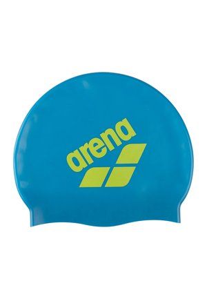 Blå silikone badehætte med gult "arena" mærkelogo og geometriske former centreret foran.