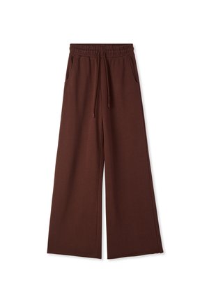 Pantaloni marroni a gamba larga con vita elasticizzata, coulisse e tasche laterali, distesi su uno sfondo bianco.