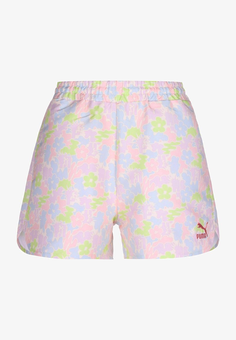 Pantalones cortos con un patrón floral en tonos pasteles de rosa, azul y verde. Cintura elástica y pequeño logo rojo en la parte inferior derecha.