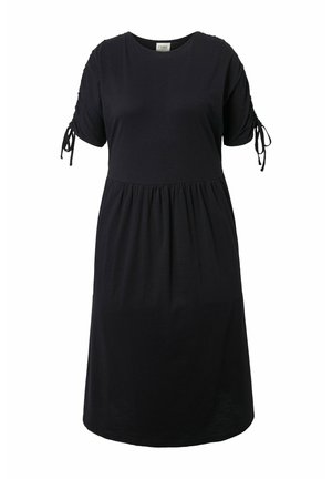 Sort knælængde kjole med korte rynkede ærmer bundet med sløjfer, rund halsudskæring og indsamlet talje.