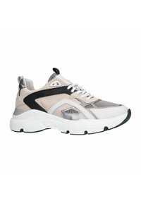 Lightweight sneaker featuring a beige mesh upper with silver and black accents, textured paneling, and a thick white sole.
