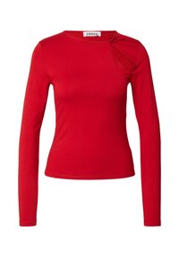 Rotes Langarm-Shirt aus elastischem Stoff, mit Rundhalsausschnitt und asymmetrischem Design mit Twist-Akzent. Glatte Textur.