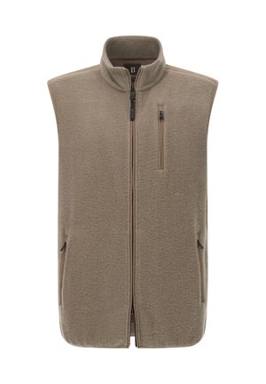 Gilet senza maniche in pile taupe con colletto alto, zip frontale completa e tre tasche con zip: due laterali e una sul petto.