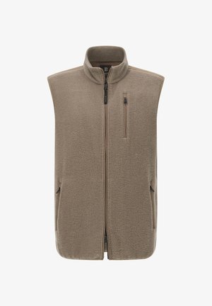 Harmaa fleece ilmanhihoilla oleva liivi, jossa on pystykotelo, täysi vetoketju edessä ja kolme vetoketjullista taskua — kaksi sivuilla, yksi rinnassa.