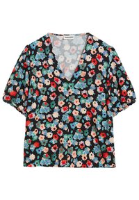 Blusa negra de manga corta con escote en V y un patrón floral multicolor en rojo, azul, verde y beige, con puños de manga fruncidos.