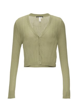Green ribbed cardigan with long sleeves, V-neckline, and front button closure. The fabric is soft with a lightweight texture. Cropped design.