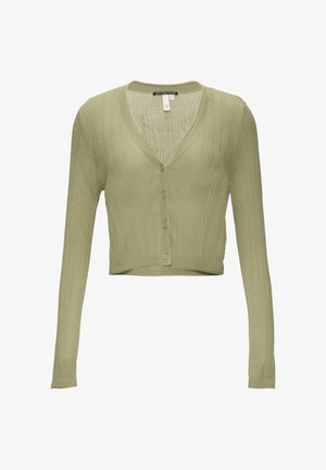 Green ribbed cardigan with long sleeves, V-neckline, and front button closure. The fabric is soft with a lightweight texture. Cropped design.
