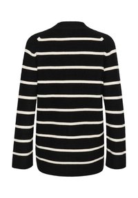 Randig tröja i svart och kräm, med långa ärmar, rund halsringning och en avslappnad passform. Texturerat stickat tyg med horisontella ränder.