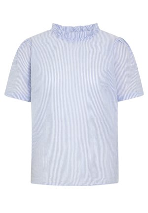 Hellblau und weiß gestreifte kurzärmlige Bluse mit rüschigem Stehkragen und leicht gepufften Ärmeln, aus einem glatten Stoff gefertigt.