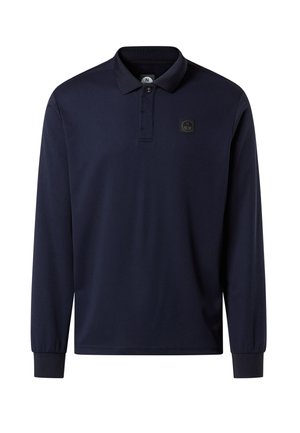 Polo manches longues bleu marine en tissu lisse, avec un col, une patte de boutonnage à trois boutons, et un petit écusson carré logo.