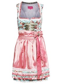 Vestido tradicional dirndl con un corsé de estampado floral en azul y una falda de satén rosa. Presenta un frente con cordones, una cinta rosa y un borde de encaje.