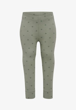Green cotton leggings with small dark green floral patterns, featuring an elastic waistband and fitted design. Soft, stretchy fabric.