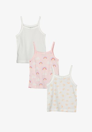 Tre canottiere: una bianca, una rosa con stampa arcobaleno/nubi e una bianca con piccoli motivi arcobaleno. Tutte hanno spalline regolabili e bordi texture.