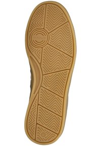Suola di una scarpa con una suola in gomma beige, caratterizzata da un motivo a zigzag e un logo circolare al centro, misura 37 segnato sul bordo.