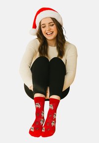 Rote Socken mit cartoonhaften Hundemotiven und weicher Textur. Tragen dazu ein cremefarbenes Strickpullover und schwarze Leggings, alles vor weißem Hintergrund.