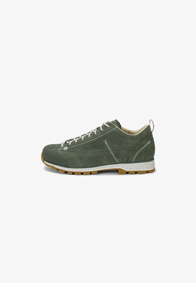 Green suede low-cut hiking shoe with beige lining, white laces, rubber sole with tread, and pull tab on the heel.