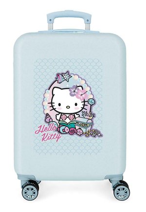 Maleta rígida azul claro con Hello Kitty vestida de sirena y decoraciones de conchas marinas, estrellas de mar y joyas.
