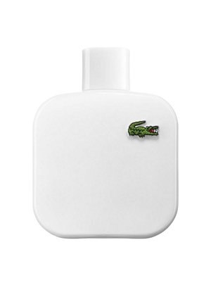 Valkoinen suorakaiteen muotoinen pullo pyöristetyillä reunoilla ja lyhyellä valkoisella korkilla, jossa on pieni vihreä krokotiililogo yläoikean kulman läheisyydessä.