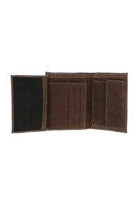 Brown leather trifold wallet open to show card slots, transparent ID window on left, and a coin pocket with flap on right.