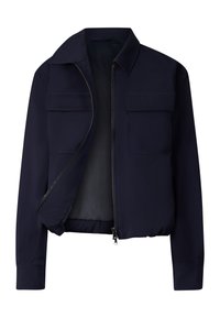 Navy blue bomber jacket with collar, front zipper partially open, long sleeves, and two flap pockets on the chest.