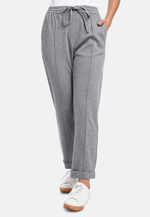 Gray, elastic waistband pants with adjustable drawstring, side pockets, and rolled cuffs; made of soft, textured fabric with vertical seams.