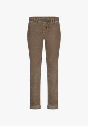 Brown corduroy pants with rolled cuffs, belt loops, and a drawstring waist.