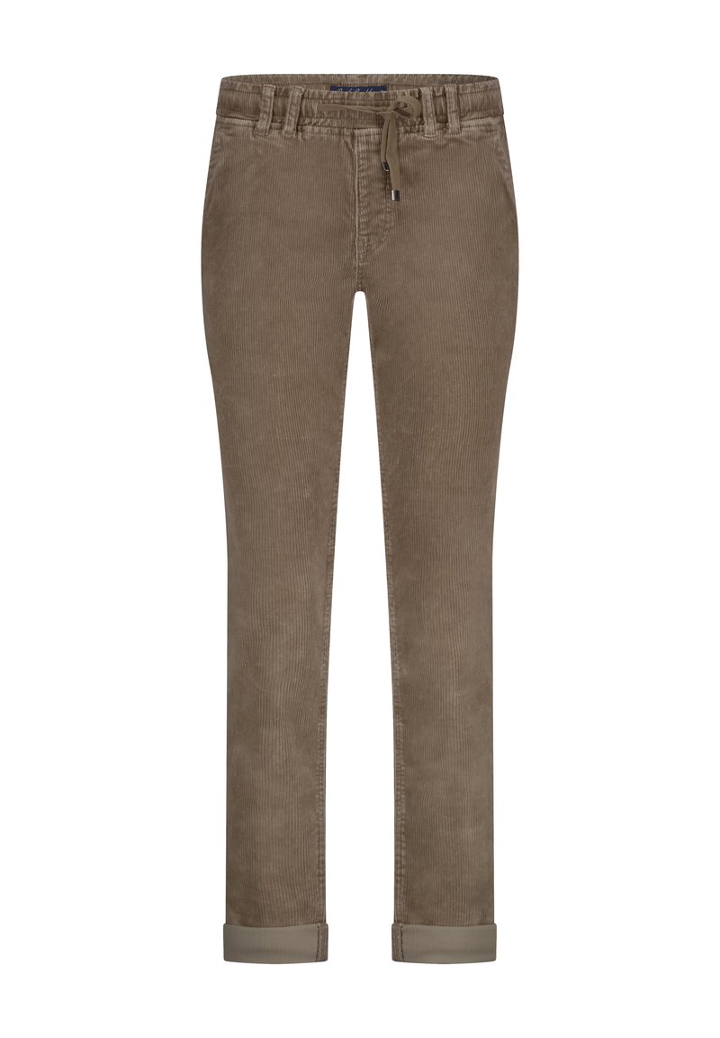 Brune bukser i kordfløjl med opsmøgede manchetter, bæltestropper og snøre i taljen.
