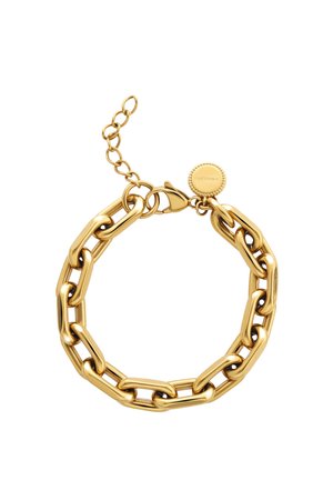 Náramok zo zlatej pozlátenej retiazky so zúženými článkami, karabínkovým zapínaním a nastaviteľnou retiazkou s okrúhlym štítkom na konci.