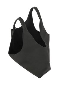 Geantă tote neagră, realizată din material texturat, cu o formă asimetrică distinctivă și două mâner scurte pentru transport.