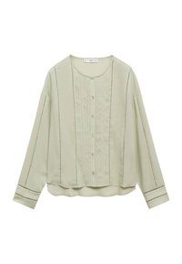 Cămașă button-up de culoare verde deschis cu mâneci lungi, având detalii plisate și cusături contrastante de-a lungul să seamănă. Material moale, texturat.