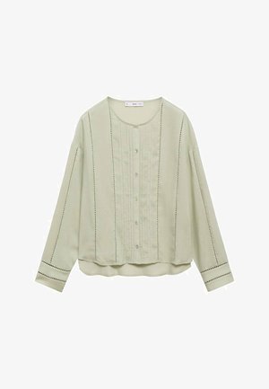 Jasnozielona koszula z długimi rękawami, zapinana na guziki, z plisowanymi detalami i kontrastowym przeszyciem wzdłuż szwów. Miękka, teksturowana tkanina.