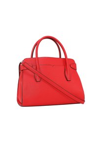 Borsa a mano in pelle rossa con una forma strutturata, dotata di manici doppi, una tracolla rimovibile e cuciture a contrasto lungo i bordi.