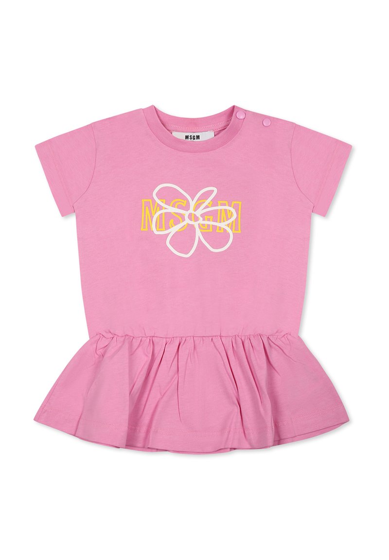 Abito di cotone rosa con maniche corte, caratterizzato da un design di fiori bianchi e la scritta "MSGM" in giallo. Gonna a balze con scollatura rotonda.