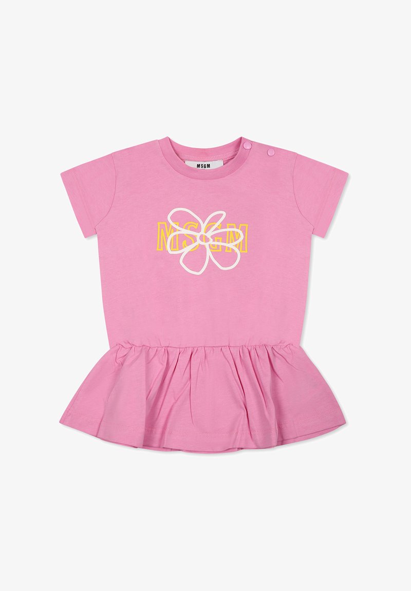 Abito di cotone rosa con maniche corte, caratterizzato da un design di fiori bianchi e la scritta "MSGM" in giallo. Gonna a balze con scollatura rotonda.