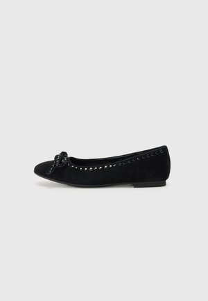 Ballerines en suede noir avec un bout arrondi, un nœud décoratif et une ligne d'embellissements brillants le long de la tige. Talon plat.