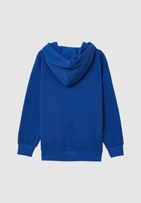 Hoodie blu con maniche lunghe, polsini e orlo a coste, visibile dal retro su uno sfondo grigio chiaro uniforme.